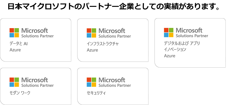 マイクロソフトのパートナー企業として実績があります。 Microsoft Solution Partner インフラストラクチャ Azure Microsoft Solution Partner モダン ワーク